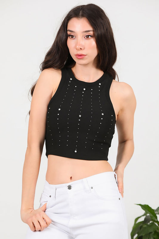 Kadın Kalın Askılı Taşlı Bady  Siyah