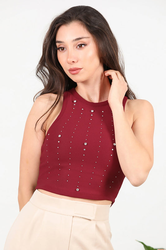 Kadın Kalın Askılı Taşlı Bady  Bordo