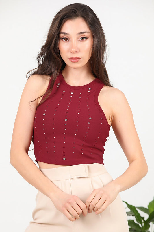 Kadın Kalın Askılı Taşlı Bady  Bordo