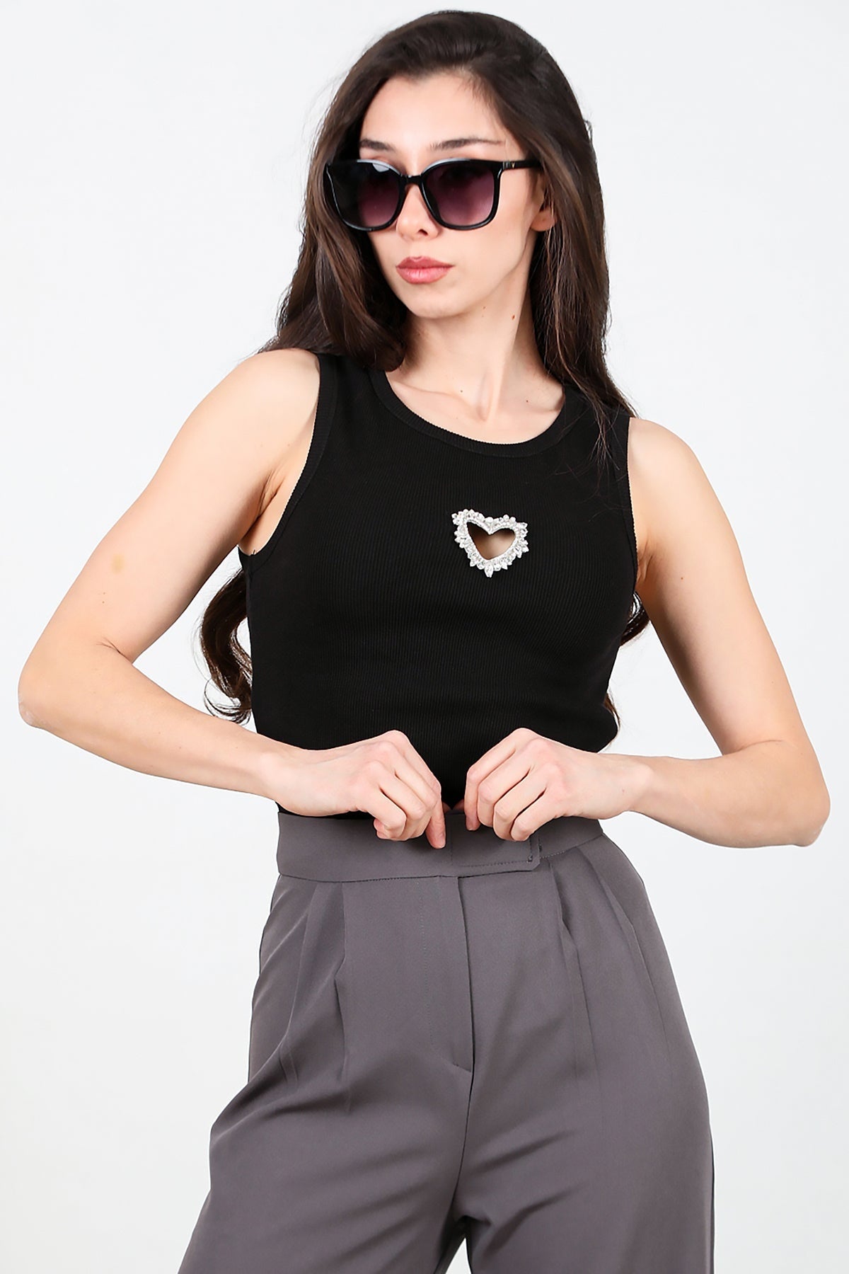 Kadın Önü Kalp Taşlı Kalın Askılı Bady  Siyah