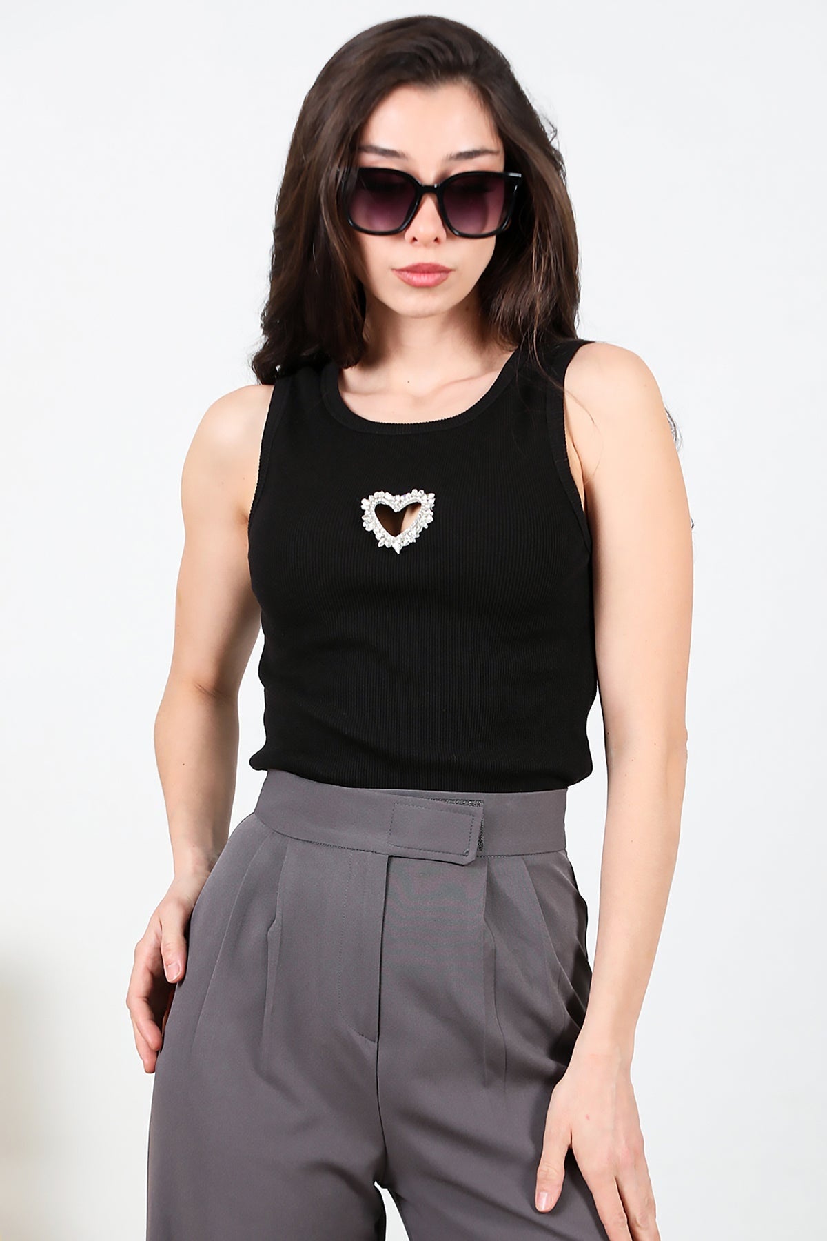 Kadın Önü Kalp Taşlı Kalın Askılı Bady  Siyah