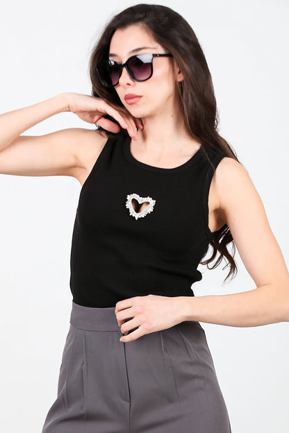 Kadın Önü Kalp Taşlı Kalın Askılı Bady  Siyah