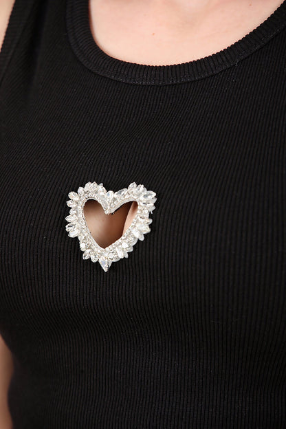 Kadın Önü Kalp Taşlı Kalın Askılı Bady  Siyah