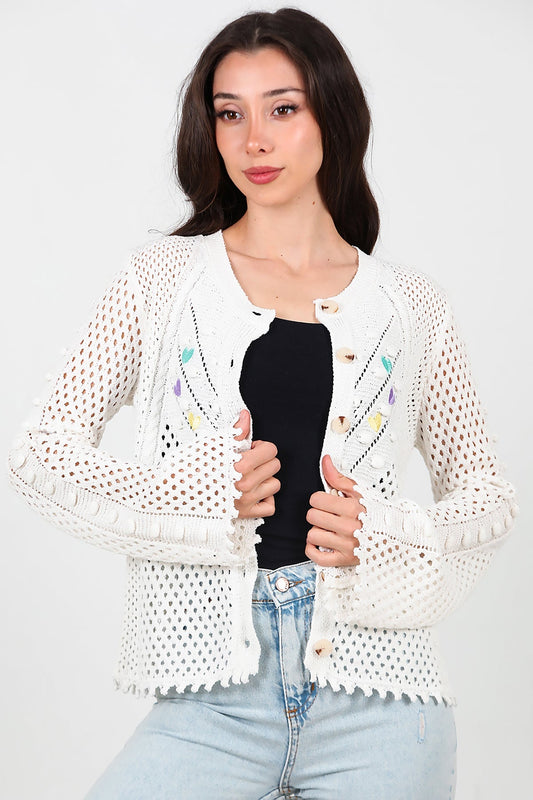 Kadın Kalp Nakışlı Hırka  Ekru