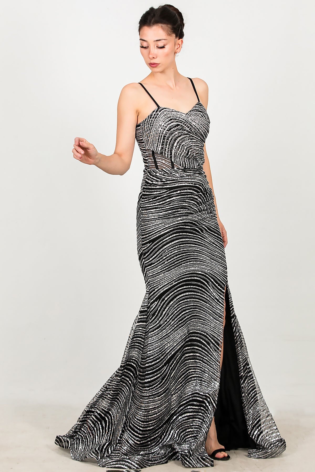 Kadın Kolsuz Uzun Abiye  Gümüş