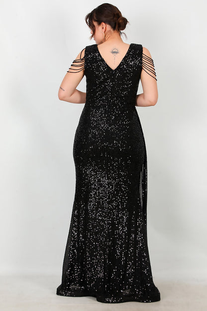 Büyük Beden Omuz Zincir Detay Uzun Pullu Abiye  Siyah