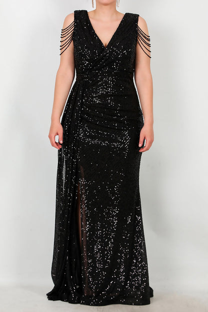 Büyük Beden Omuz Zincir Detay Uzun Pullu Abiye  Siyah