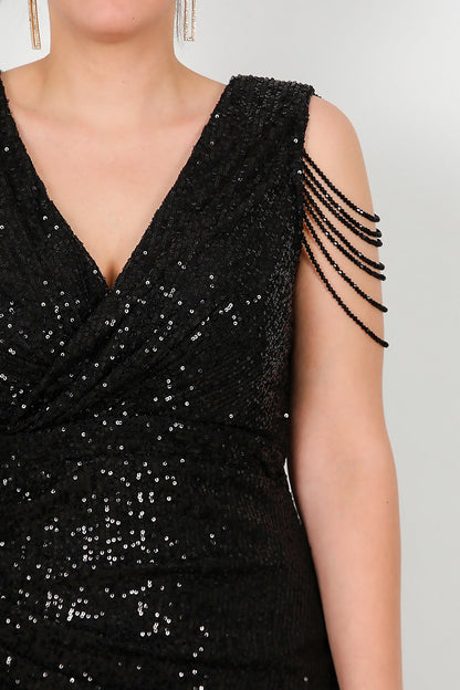 Büyük Beden Omuz Zincir Detay Uzun Pullu Abiye  Siyah