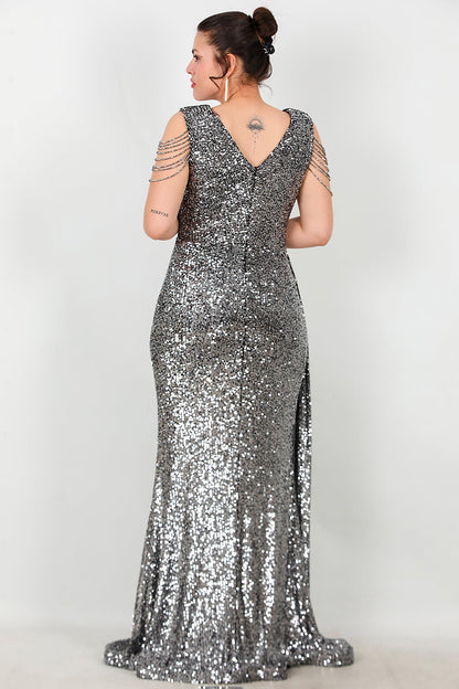 Büyük Beden Omuz Zincir Detay Uzun Pullu Abiye  Gümüş