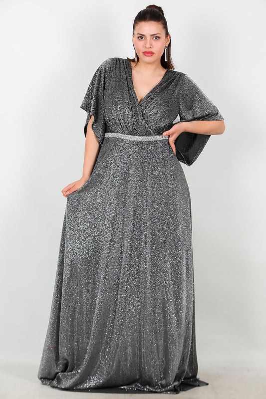 Büyük Beden Beli Taş Şeritli Uzun Abiye  Gümüş