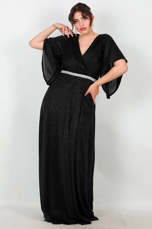 Büyük Beden Beli Taş Şeritli Uzun Abiye  Siyah