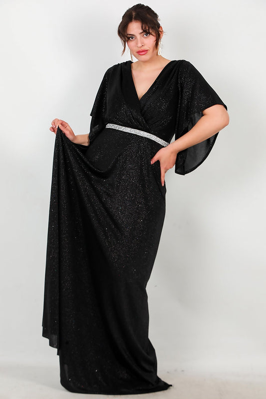 Büyük Beden Beli Taş Şeritli Uzun Abiye  Siyah