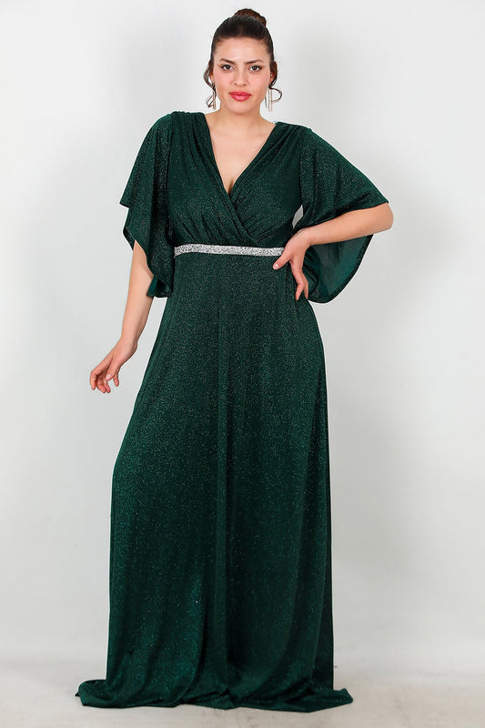 Büyük Beden Beli Taş Şeritli Uzun Abiye  Zümrüt