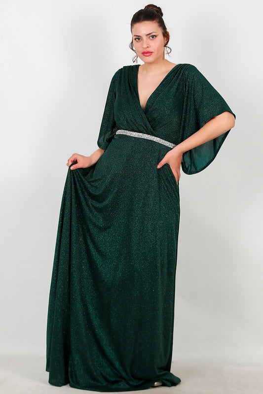 Büyük Beden Beli Taş Şeritli Uzun Abiye  Zümrüt