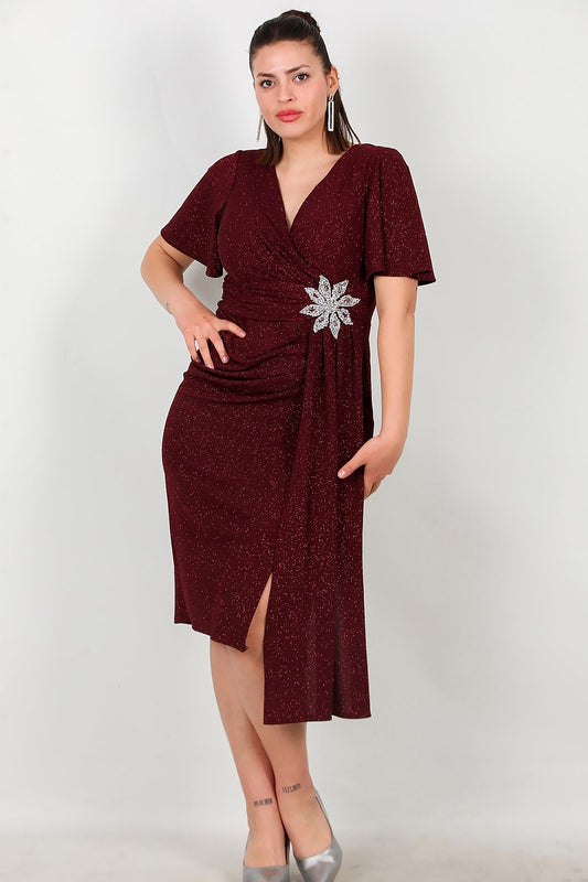 Büyük Beden Beli Çicek Taşlı Midi Boy Abiye  Bordo