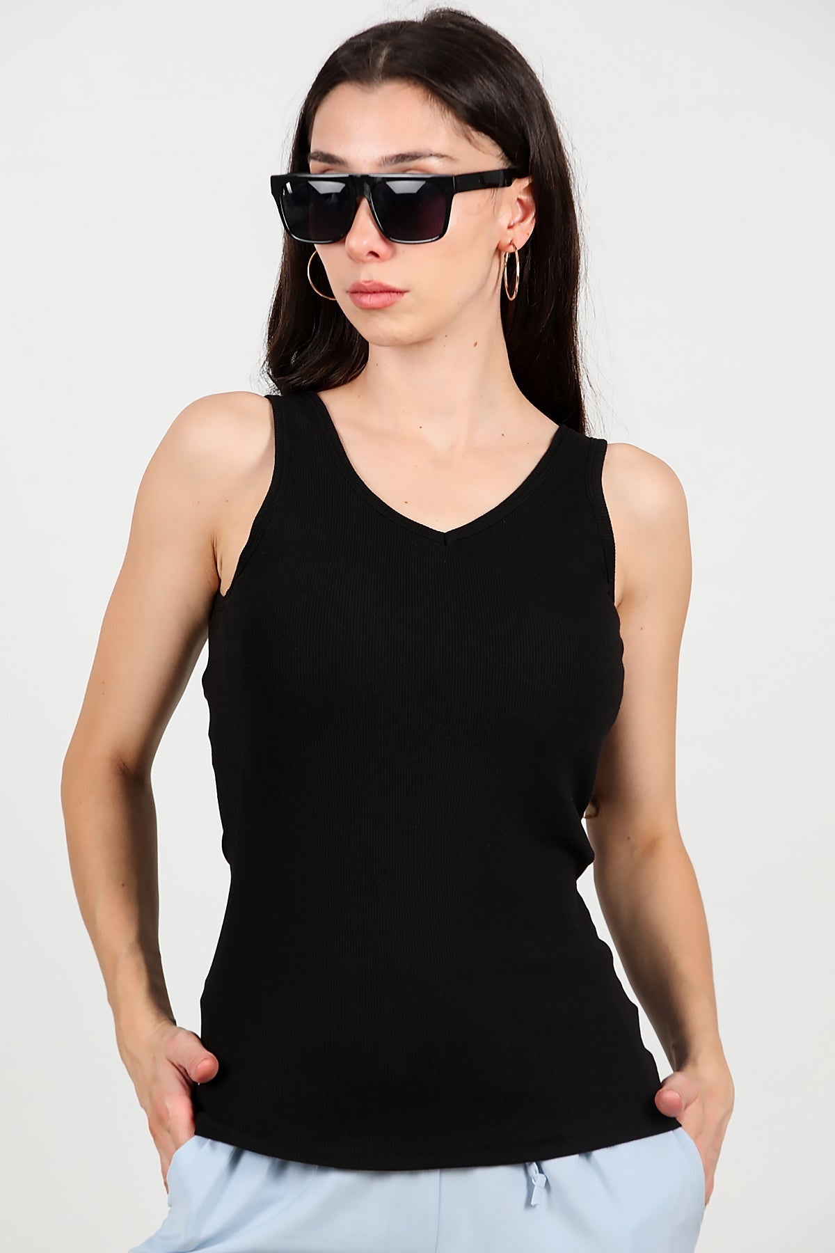 Kadın Kaşkorse Kalın Askılı Bluz  Siyah