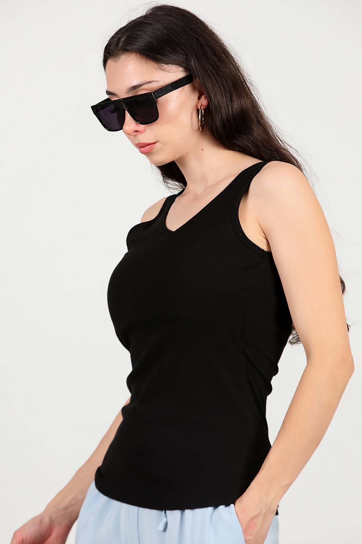 Kadın Kaşkorse Kalın Askılı Bluz  Siyah