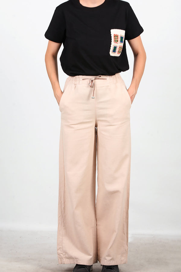 Kadın Bol Paça Keten Pantolon  Taş