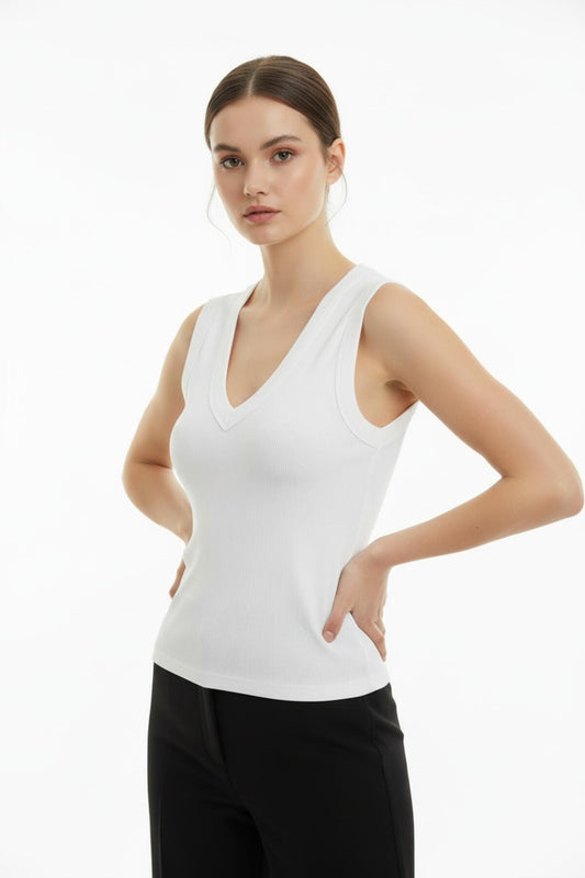 Kadın V Yaka Kalın Askılı Bluz  Ekru