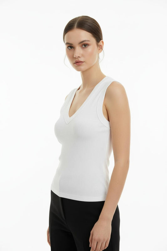 Kadın V Yaka Kalın Askılı Bluz  Ekru