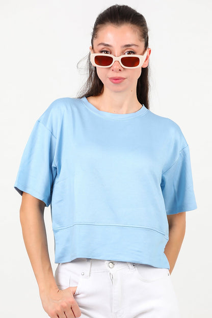 Kadın Bisiklet Yaka Yan Yırtmaçlı T-Shırt  Mavi