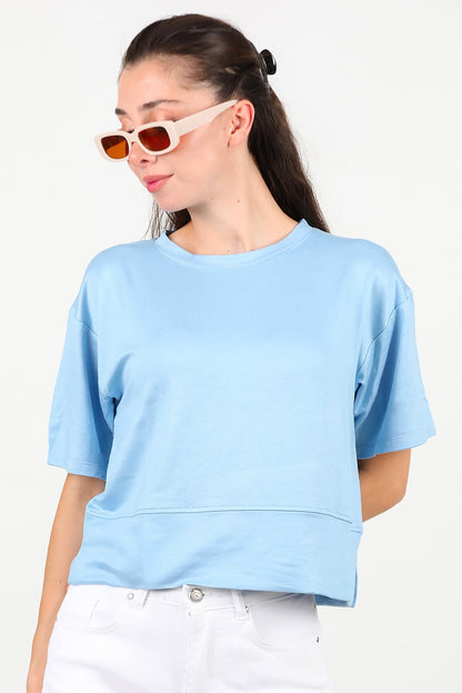 Kadın Bisiklet Yaka Yan Yırtmaçlı T-Shırt  Mavi