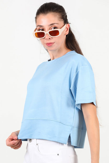 Kadın Bisiklet Yaka Yan Yırtmaçlı T-Shırt  Mavi