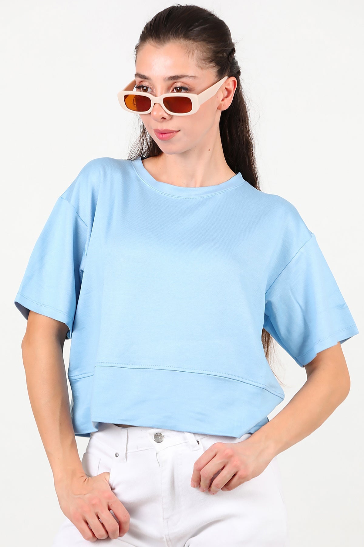 Kadın Bisiklet Yaka Yan Yırtmaçlı T-Shırt  Mavi