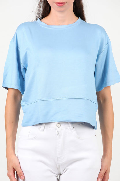 Kadın Bisiklet Yaka Yan Yırtmaçlı T-Shırt  Mavi