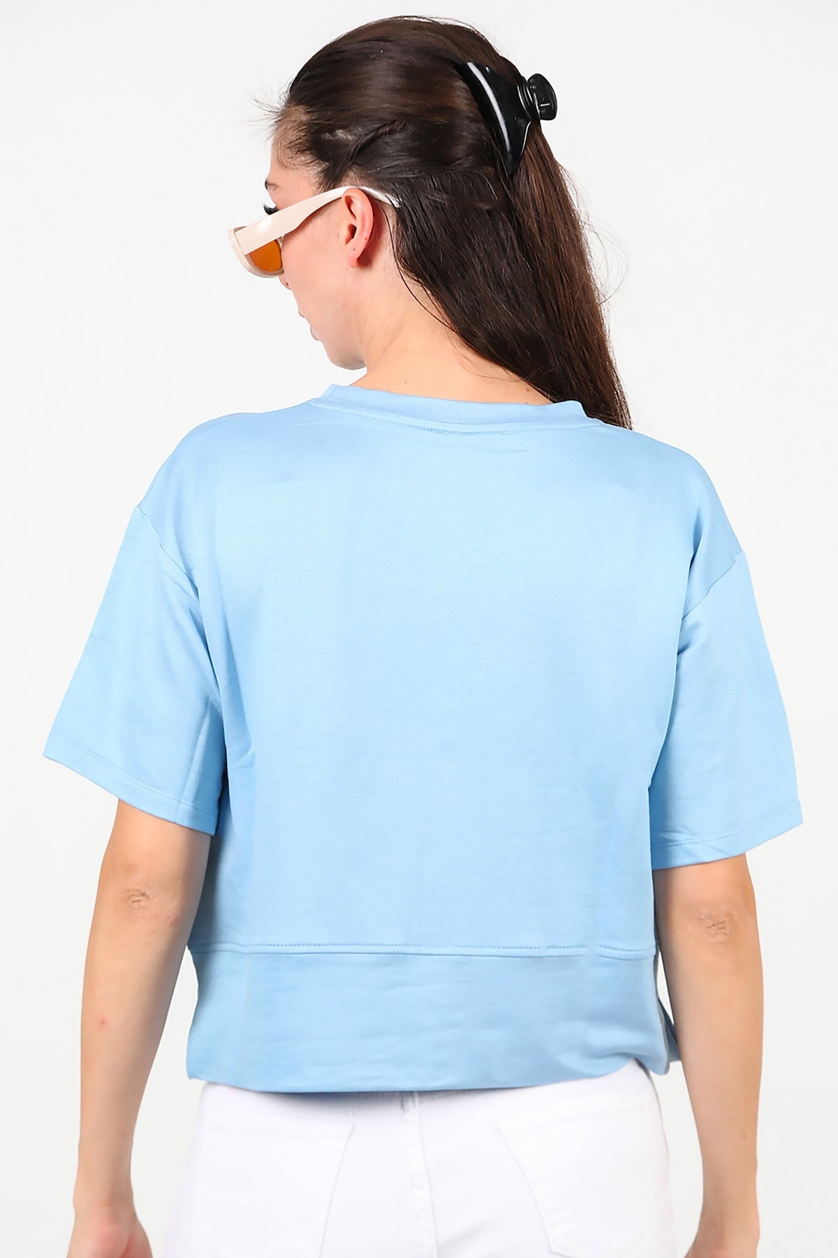 Kadın Bisiklet Yaka Yan Yırtmaçlı T-Shırt  Mavi
