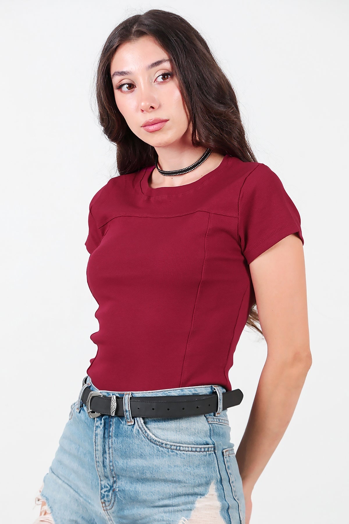 Kadın Fitilli Parçalı Bady  Bordo