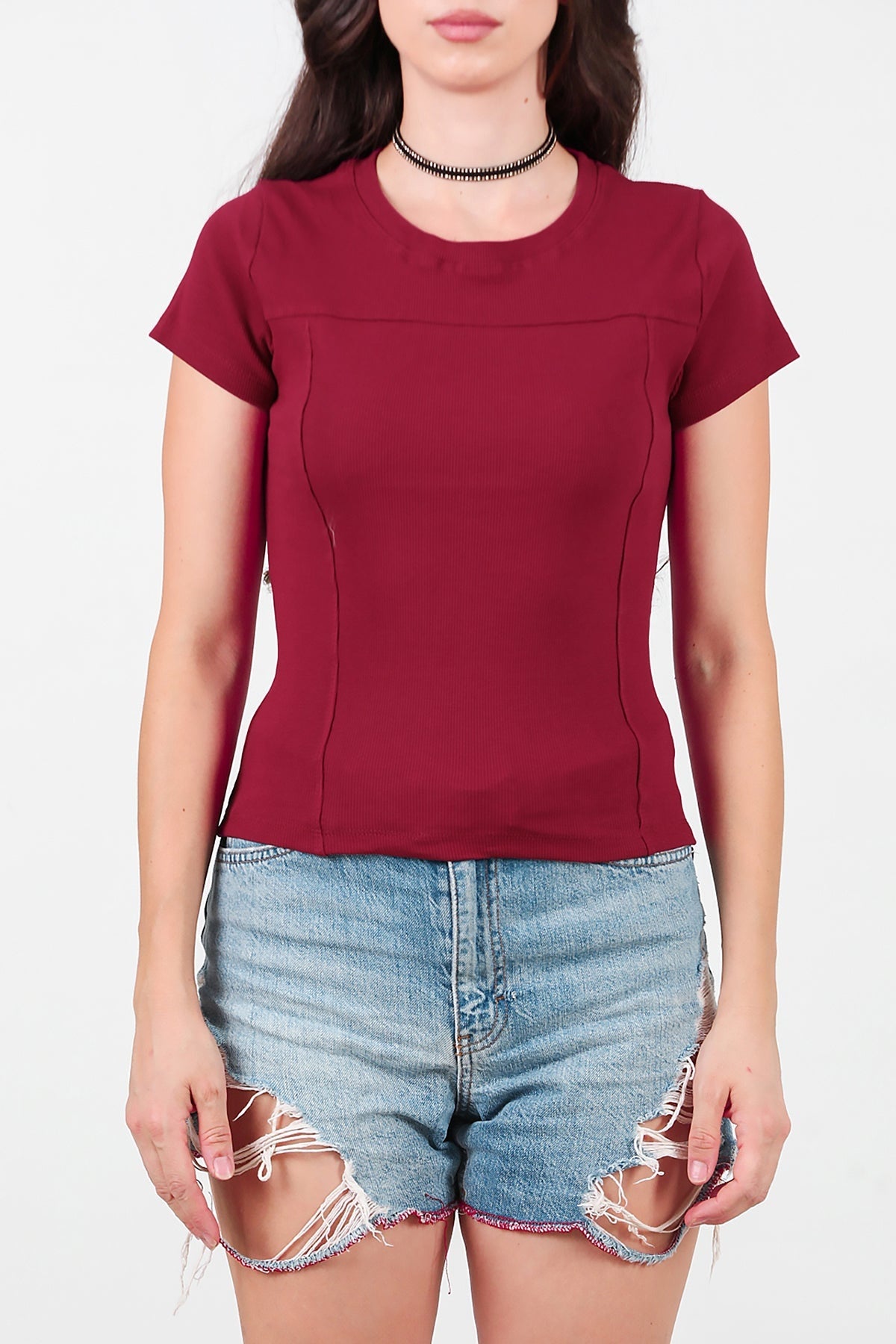 Kadın Fitilli Parçalı Bady  Bordo