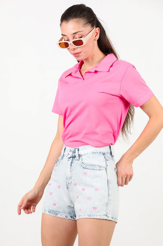 Kadın Kalp Nakışlı Kot Şort  Kot