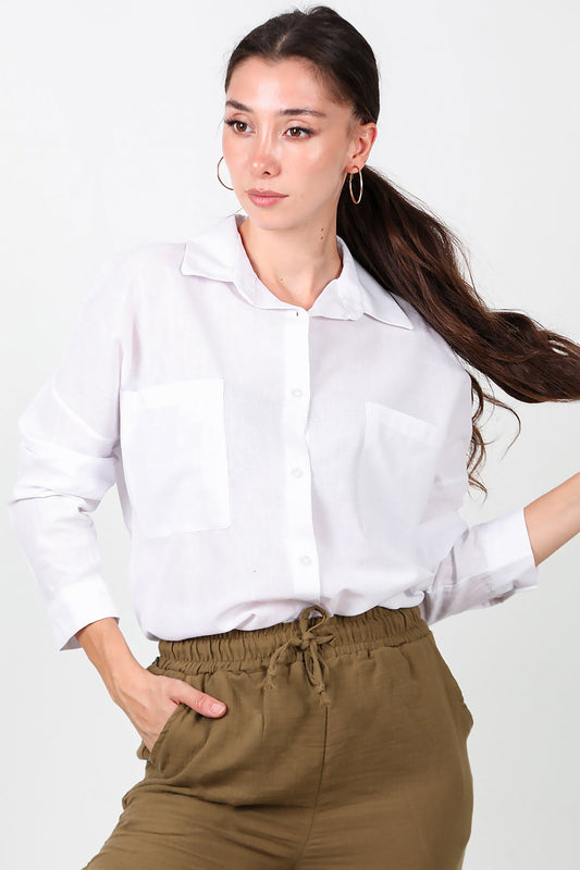 Kadın İki Cepli Owersize Gömlek  Beyaz