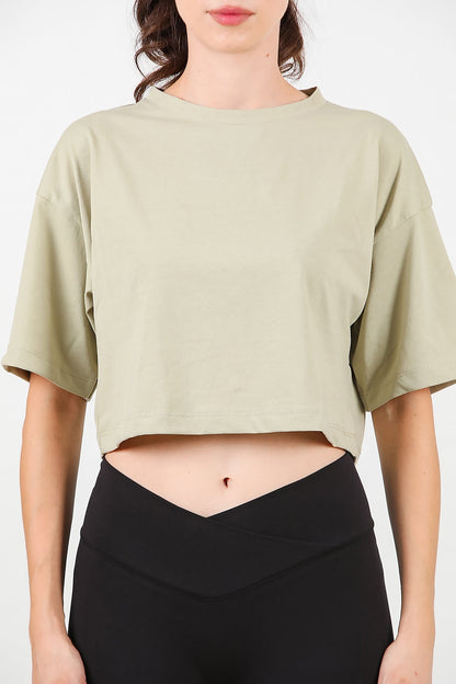 Kadın Bisiklet Yaka Kısa Tshirt  Haki