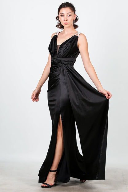 Kadın Omuz Taş Detay Pileli Uzun Abiye  Siyah