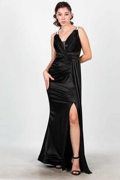 Kadın Omuz Taş Detay Pileli Uzun Abiye  Siyah