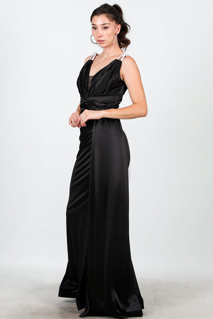 Kadın Omuz Taş Detay Pileli Uzun Abiye  Siyah