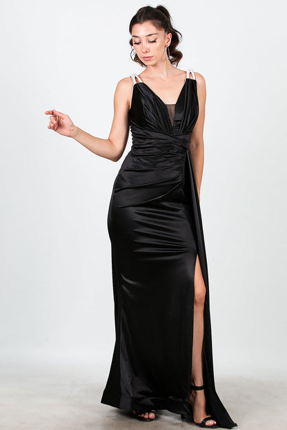 Kadın Omuz Taş Detay Pileli Uzun Abiye  Siyah