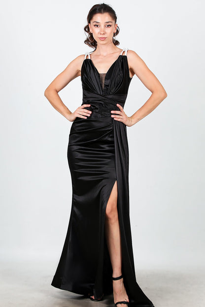 Kadın Omuz Taş Detay Pileli Uzun Abiye  Siyah