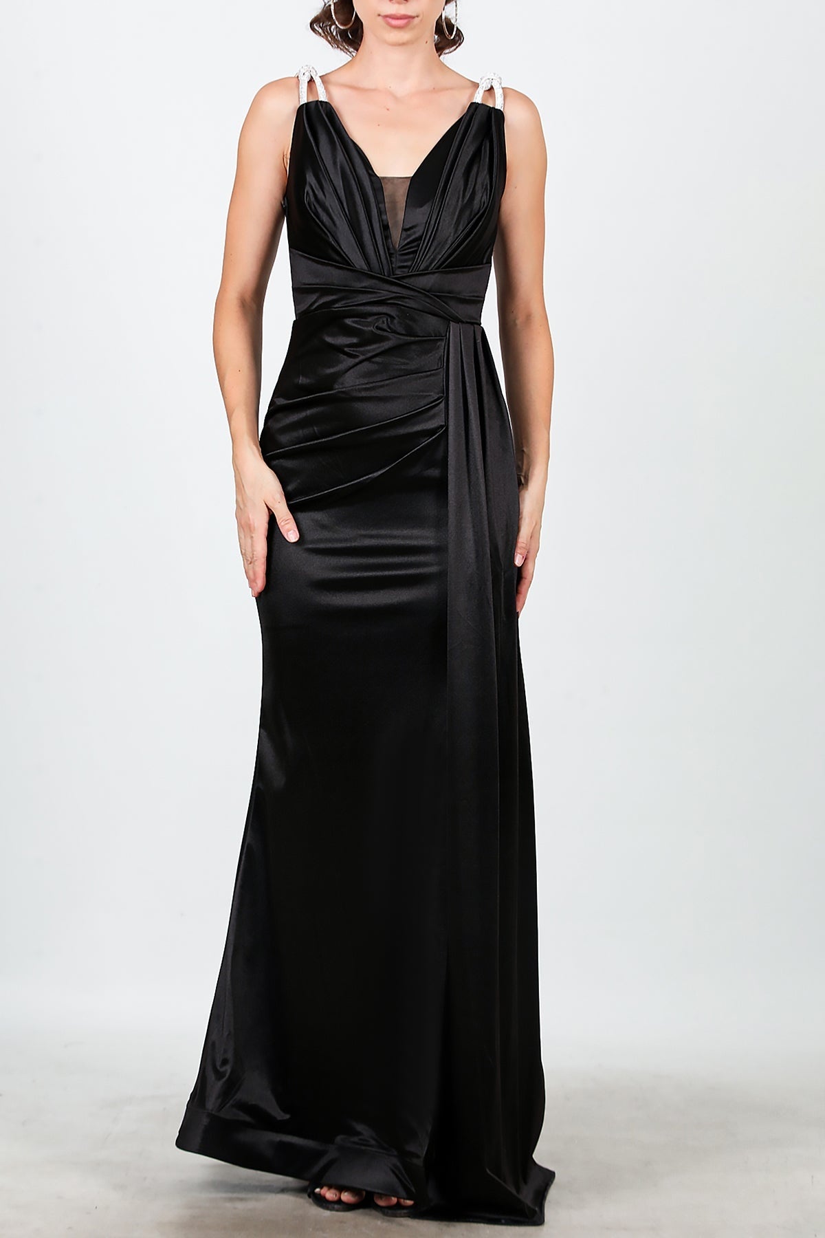 Kadın Omuz Taş Detay Pileli Uzun Abiye  Siyah