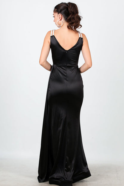 Kadın Omuz Taş Detay Pileli Uzun Abiye  Siyah