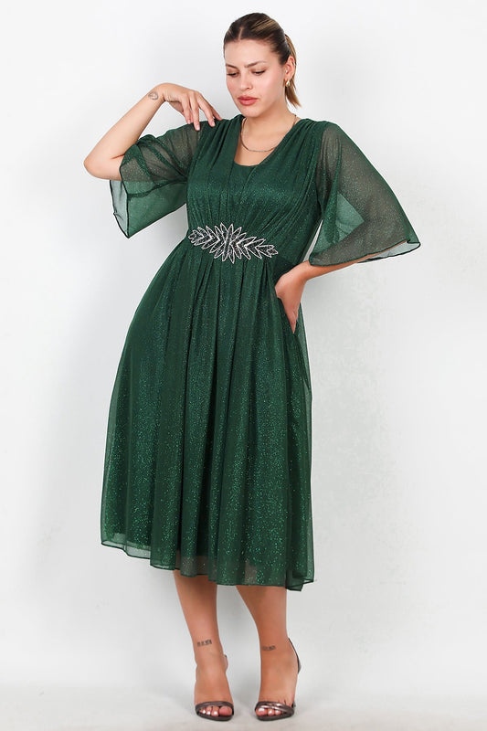 Büyük Beden Beli Taşlı Midi Boy Simli Tül Elbise  Zümrüt