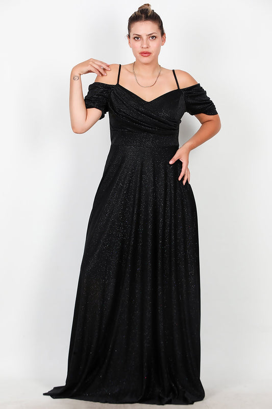 Büyük Beden Düşük Omuz Simli Uzun Abiye  Siyah