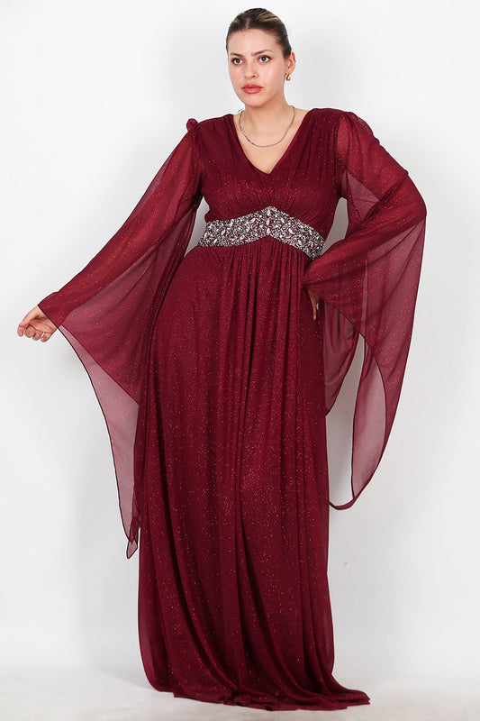 Büyük Beden Bel Taşlı Uzun Simli Abiye Bordo