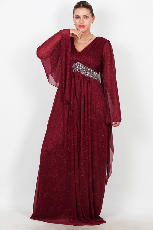 Büyük Beden Bel Taşlı Uzun Simli Abiye Bordo