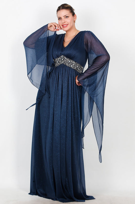 Büyük Beden Bel Taşlı Uzun Simli Abiye  Lacivert