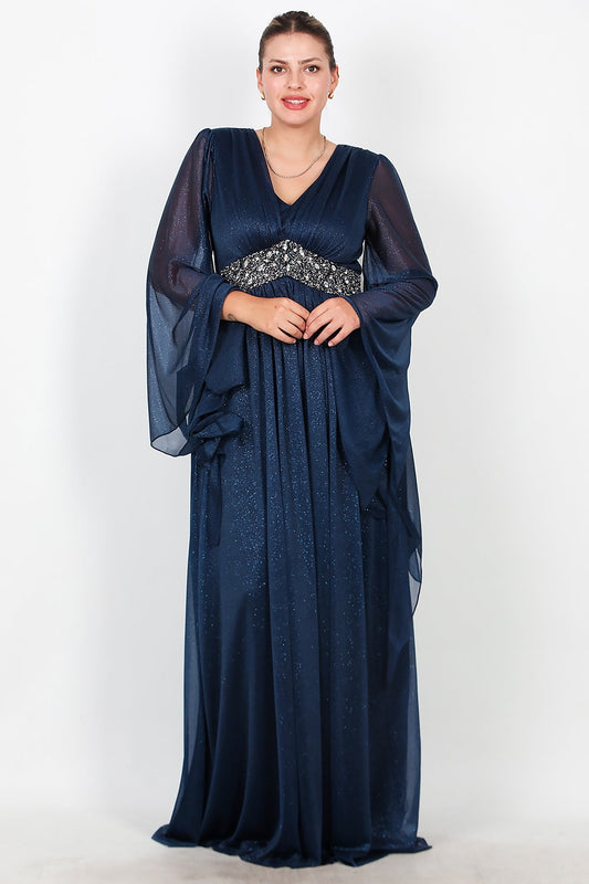 Büyük Beden Bel Taşlı Uzun Simli Abiye  Lacivert