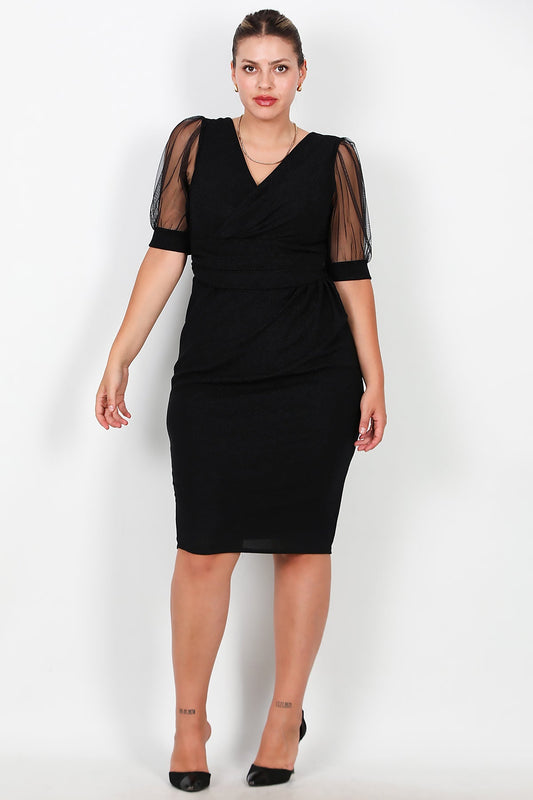 Büyük Beden Tül Kol Midi Boy Abiye  Siyah