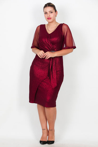 Büyük Beden Tül Kol Bel Aksesuarlı Midi Boy Abiye  Bordo